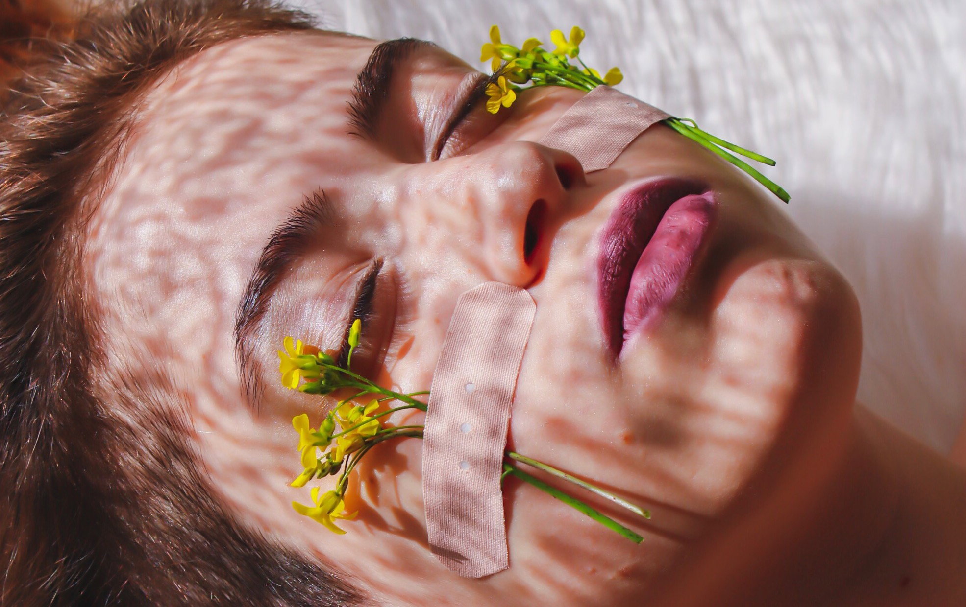 High Angle View Of Woman With Flowers On Face Sleeping At Home