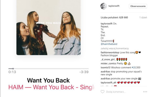 Najnowszy post Taylor Swift na Instagramie
