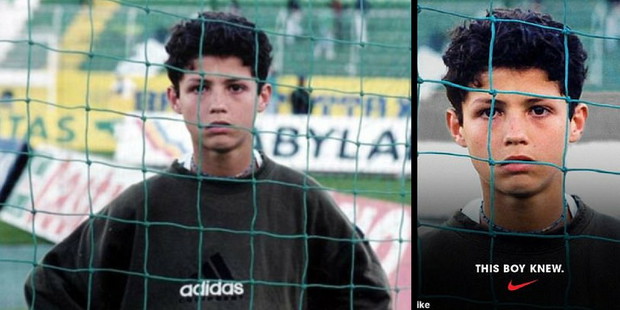Po lewej oryginalne zdjęcie przedstawiające młodego Cristiano Ronaldo, a po prawej przeróbka marki Nike