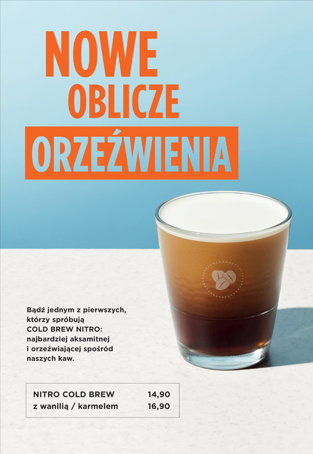 Lipcowa nowość w kawiarniach COSTA COFFEE - NITRO COLD BREW, kawa macerowana przez prawie dobę, która po filtracji jest nasycana azotem i serwowana z profesjonalnego tapa.