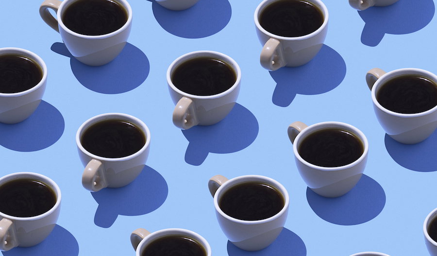 Coffee cups on light blue ground, 3D Rendering