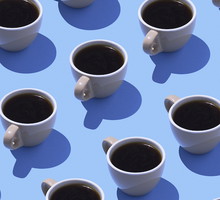 Coffee cups on light blue ground, 3D Rendering