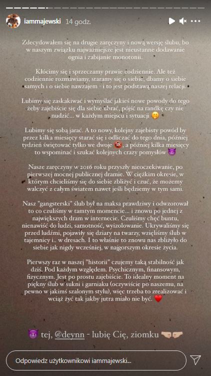 Oświadczenie Daniela Majewskiego na Instagram Stories