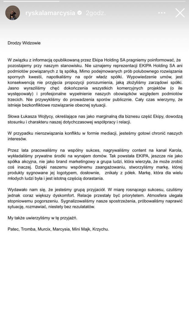 Byli (?) członkowie Ekipy wydali wspólne oświadczenie: „My także uwierzyliśmy w tę przyjaźń”