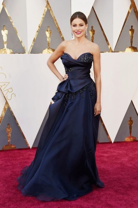 Sofia Vergara zaprezentowała się kolejny raz w kreacji z domu mody Marchesa. Wybrała sukienkę w pięknym granatowym kolorze, mocno wciętą w talii. Sofia ma bardzo kobiecą figurę duży biust i biodra i właśnie wąską talię, tak więc ten typ sukienki bardzo je