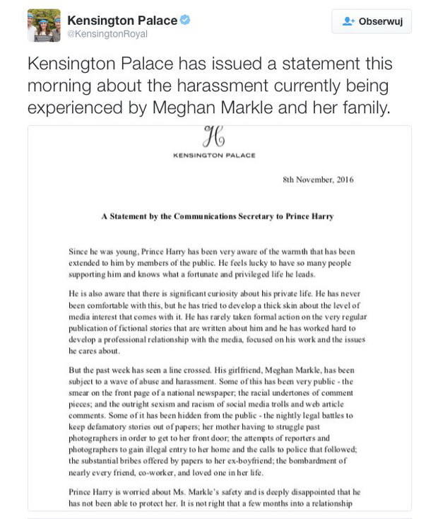 Oficjalne oświadczenie pałacu Kensington