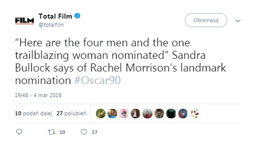 Sandra Bullock oddała symboliczny ukłon Rachel Morrison odpowiedzialnej za zdjęcia do produkcji „Mudbound”.
