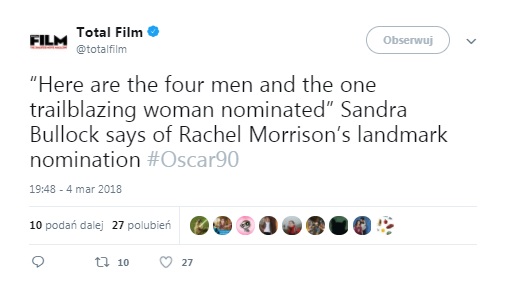 Sandra Bullock oddała symboliczny ukłon Rachel Morrison odpowiedzialnej za zdjęcia do produkcji „Mudbound”.