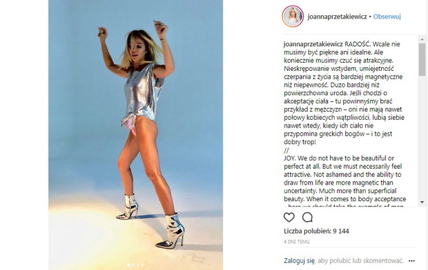 Już pierwsze zdanie „Wcale nie musimy być piękne ani idealne” zapowiada, w jakim kierunku Joanna Przetakiewicz zmierza w swoich motywujących wpisach.