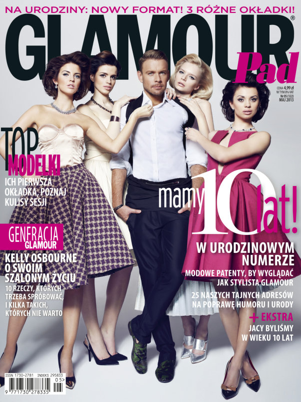 Finalistki Top Model 3 - Justyna Pawlicka, Marta Zimlińska, Dawid Woliński, Tamara Subbotko i Anna Koryto na okładce Glamour