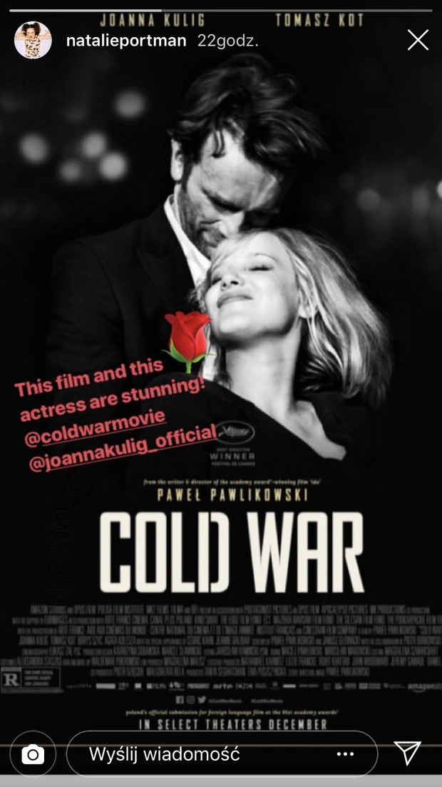 Instastories Natalie Portman, w którym aktorka chwali Joannę Kulig i film „Zimna Wojna”