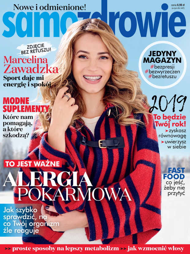 Marcelina Zawadzka bez retuszu na okładce magazynu „Samo zdrowie”. Numer w sprzedaży jest od 9 stycznia 2019.