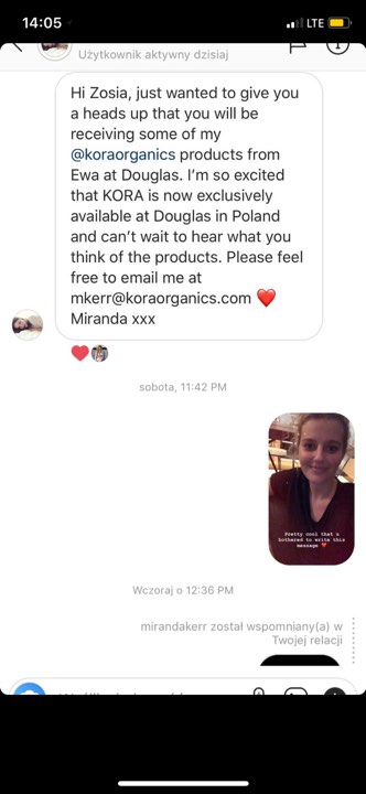 Miranda napisała do Zosi o kosmetykach jej marki Kora Cosmetics.