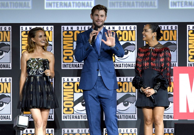 Natalie Portman, Chris Hemsworth i Tessa Thompson podczas Comic- Con 2019 w San Diego