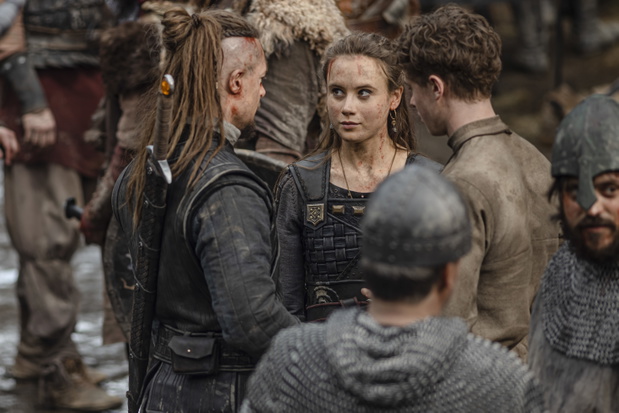 Alexander Dreymon as Uhtred, Ruby Hartley as Stiorra and Finn Elliott as Young Uhtred
