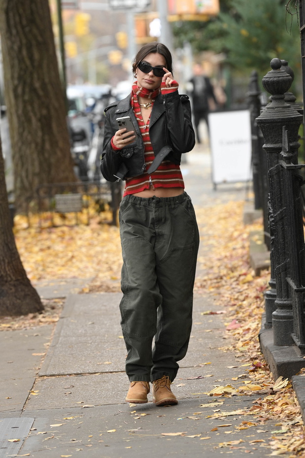 Emily Ratajkowski wears the GapStudio Coated Denim Cropped Moto Jacket designed by Zac Posen while out in New York City