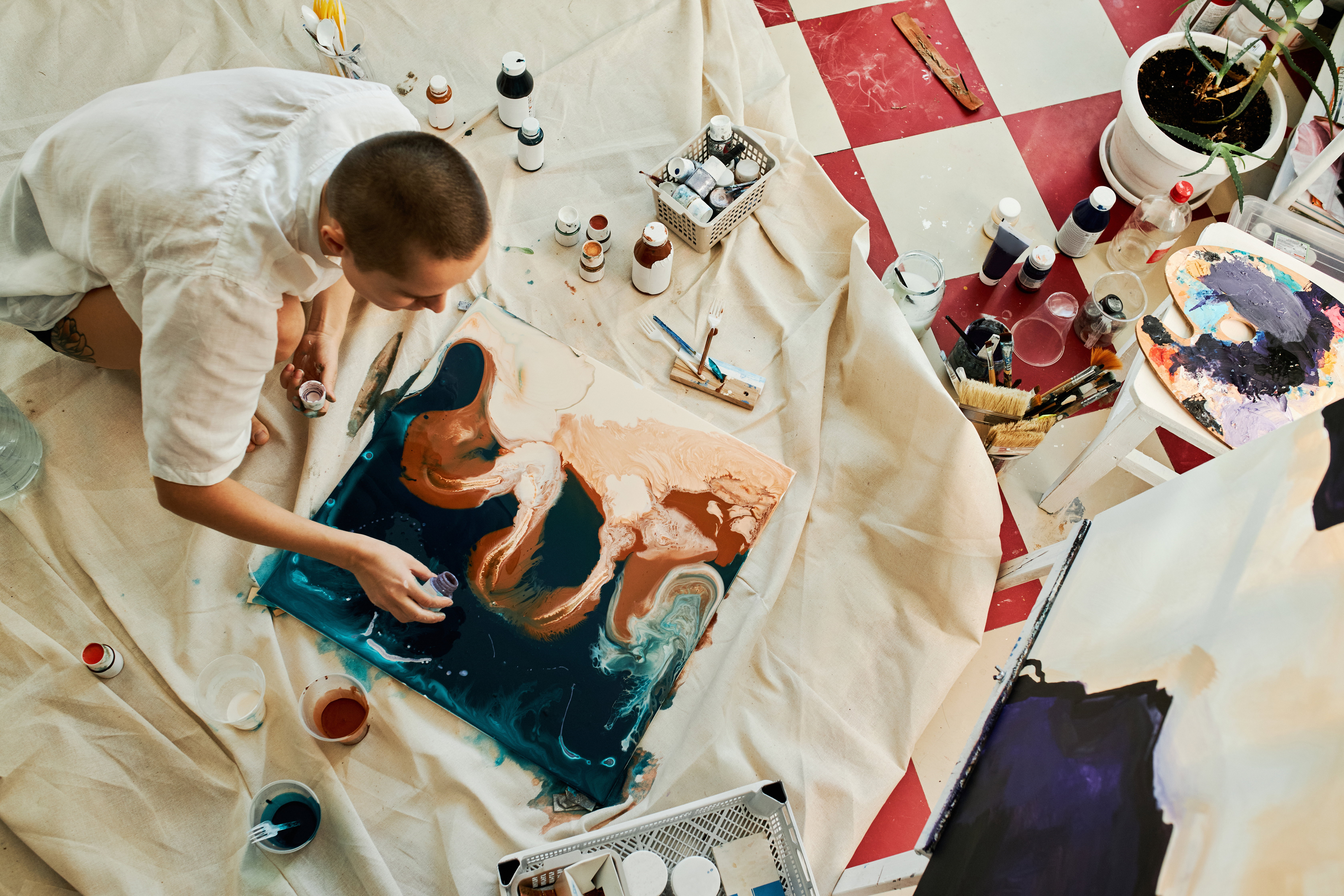 Professional Artist Creating Fluid Art Picture High Angle View