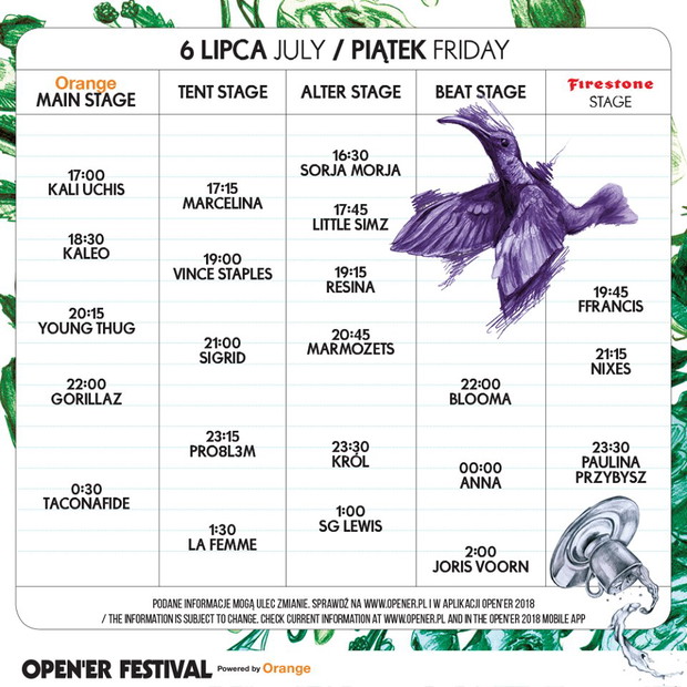 Rozpiska koncertów na trzeci dzień festiwalu Open'er 2018
