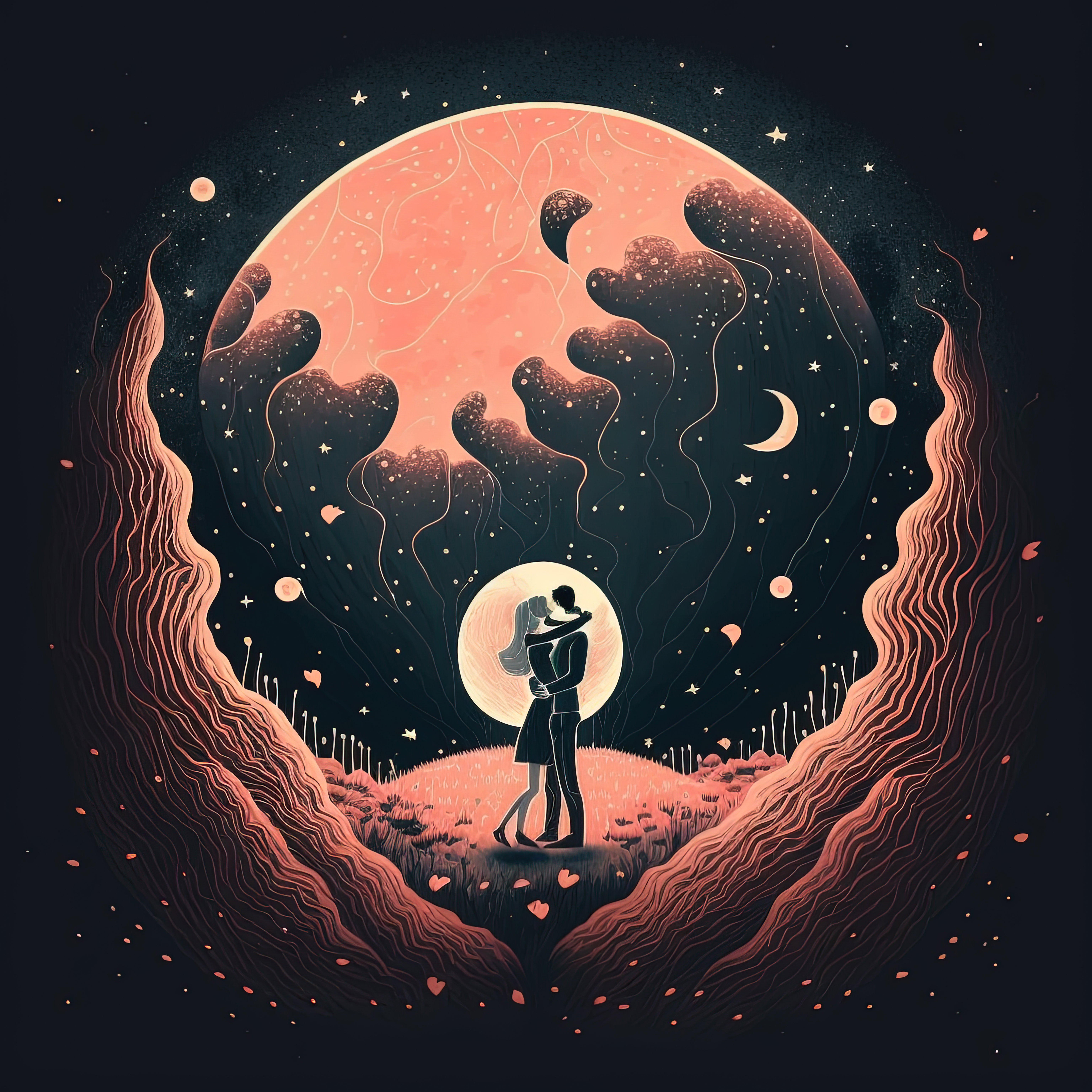 A dreamy illustration of a couple dancing under a full moon and stars