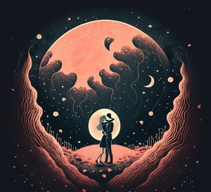 A dreamy illustration of a couple dancing under a full moon and stars