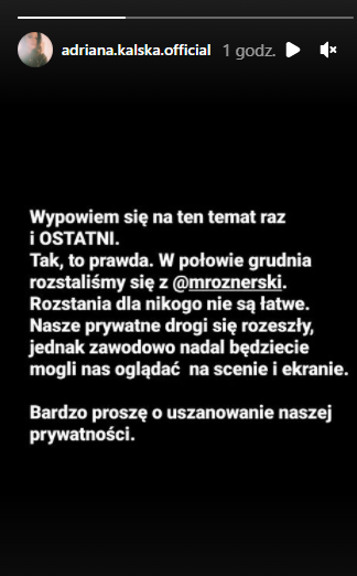 Adriana Kalska wydała oświadczenie i potwierdziła rozstanie z Mikołajem Roznerskim