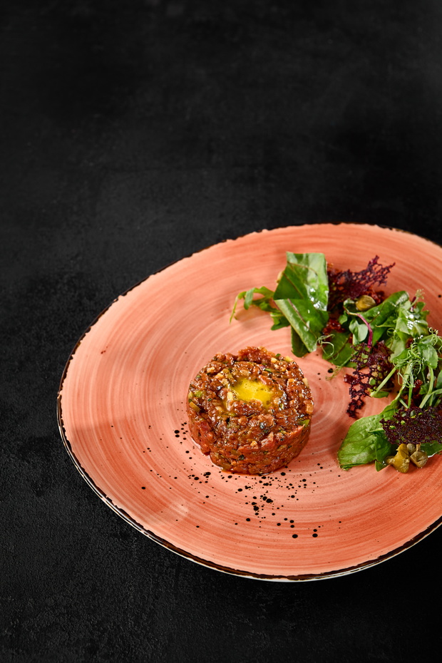 Gourmet Beef Tartare with Quail Egg and Mixed Salad on Terra Cotta Plate