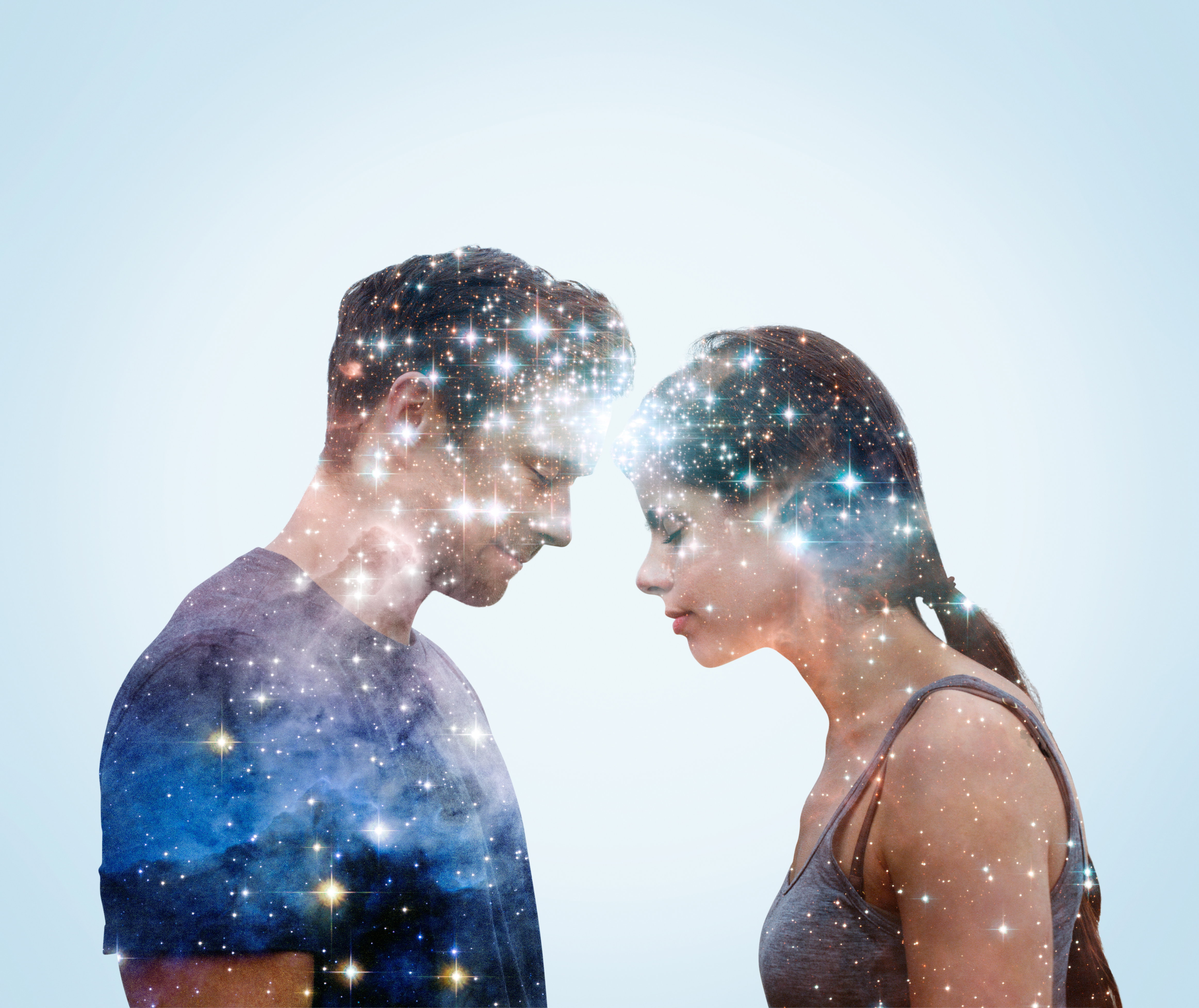 Couple leaning into each other with stars.