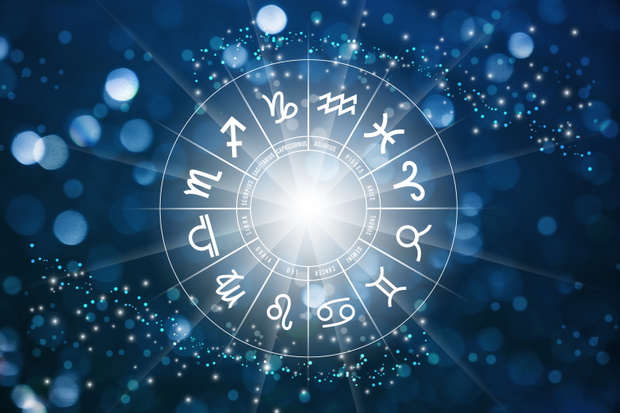 Zodiac signs inside of horoscope circle. Astrology in the sky with many stars and moons astrology and horoscopes concept