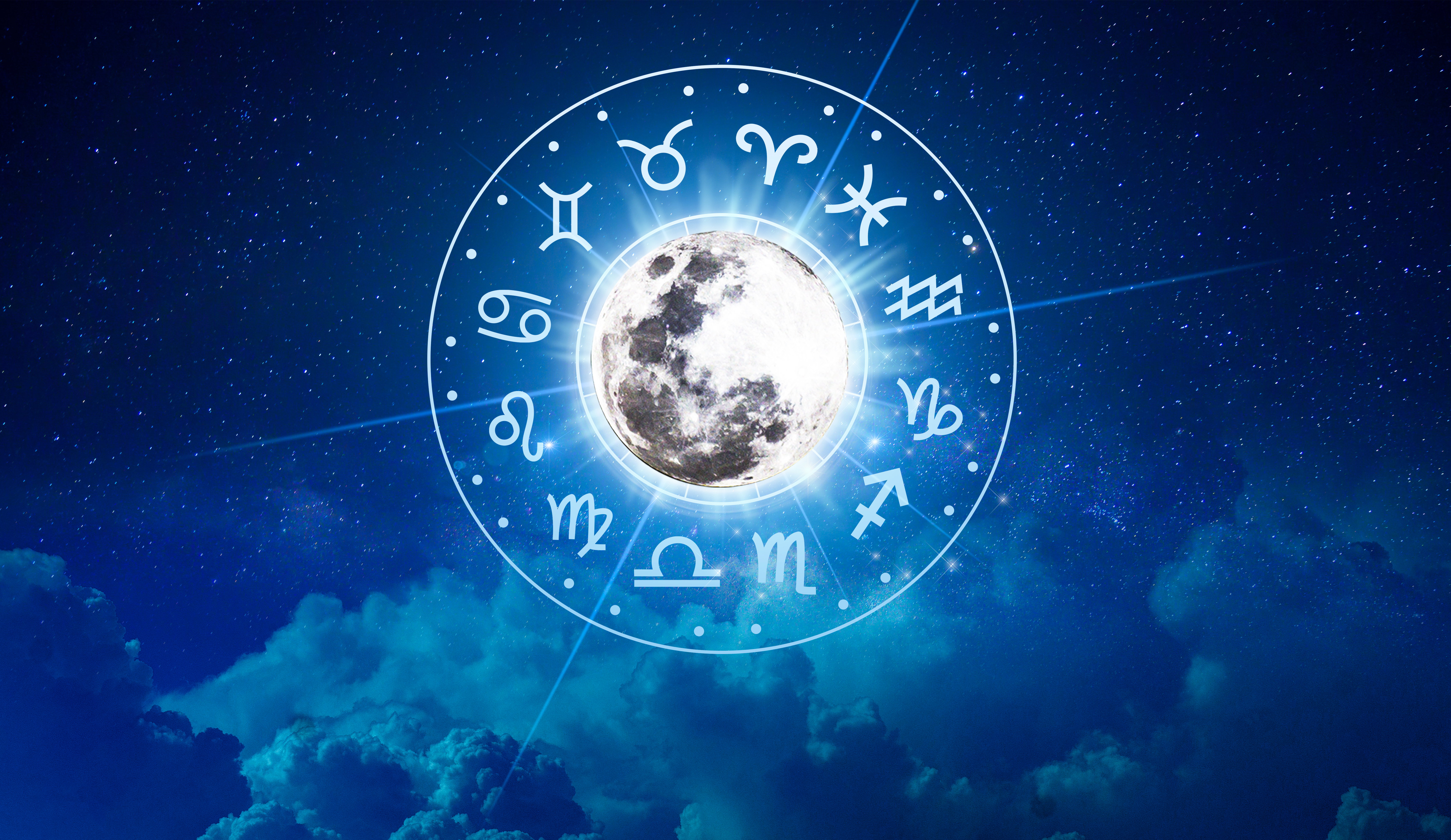 Zodiac signs inside of horoscope circle. Astrology in the sky with many stars and moons  astrology and horoscopes concept