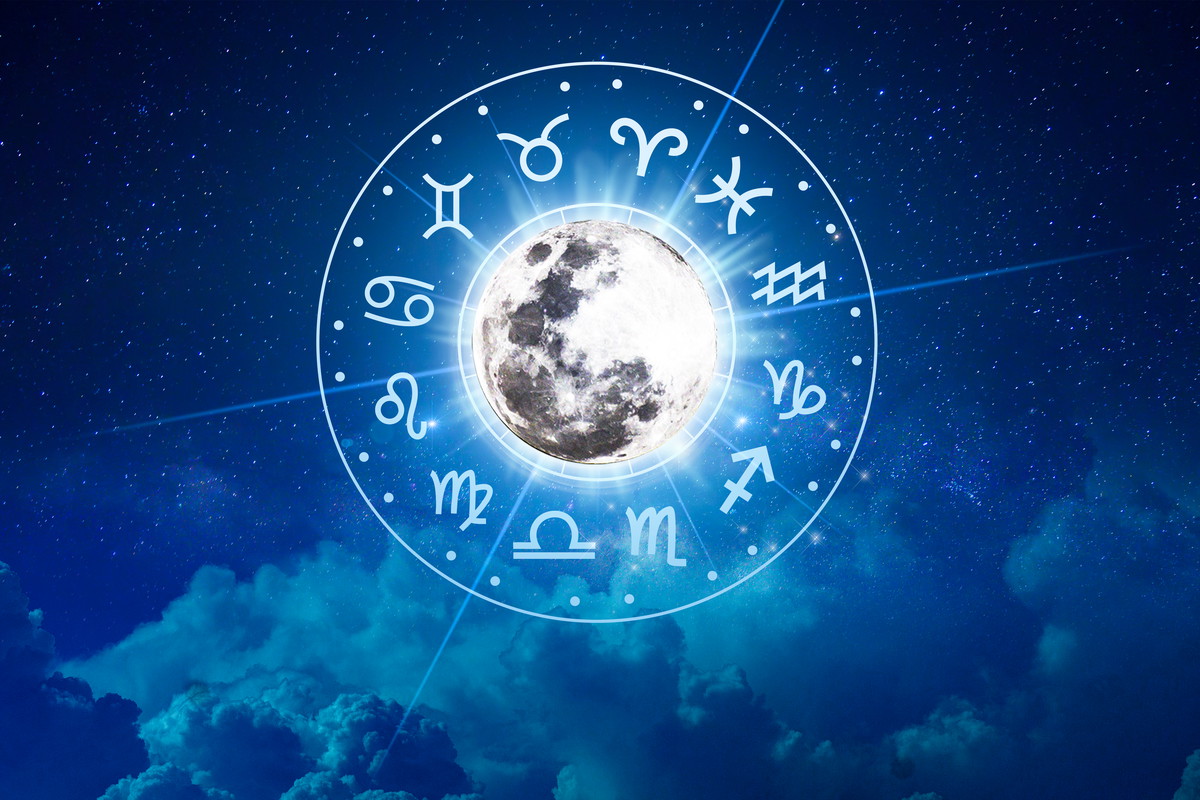 Zodiac signs inside of horoscope circle. Astrology in the sky with many stars and moons astrology and horoscopes concept