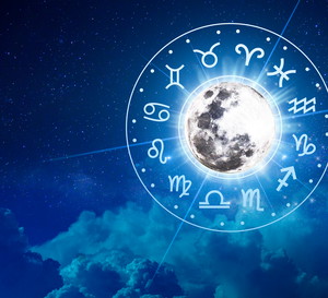 Zodiac signs inside of horoscope circle. Astrology in the sky with many stars and moons astrology and horoscopes concept
