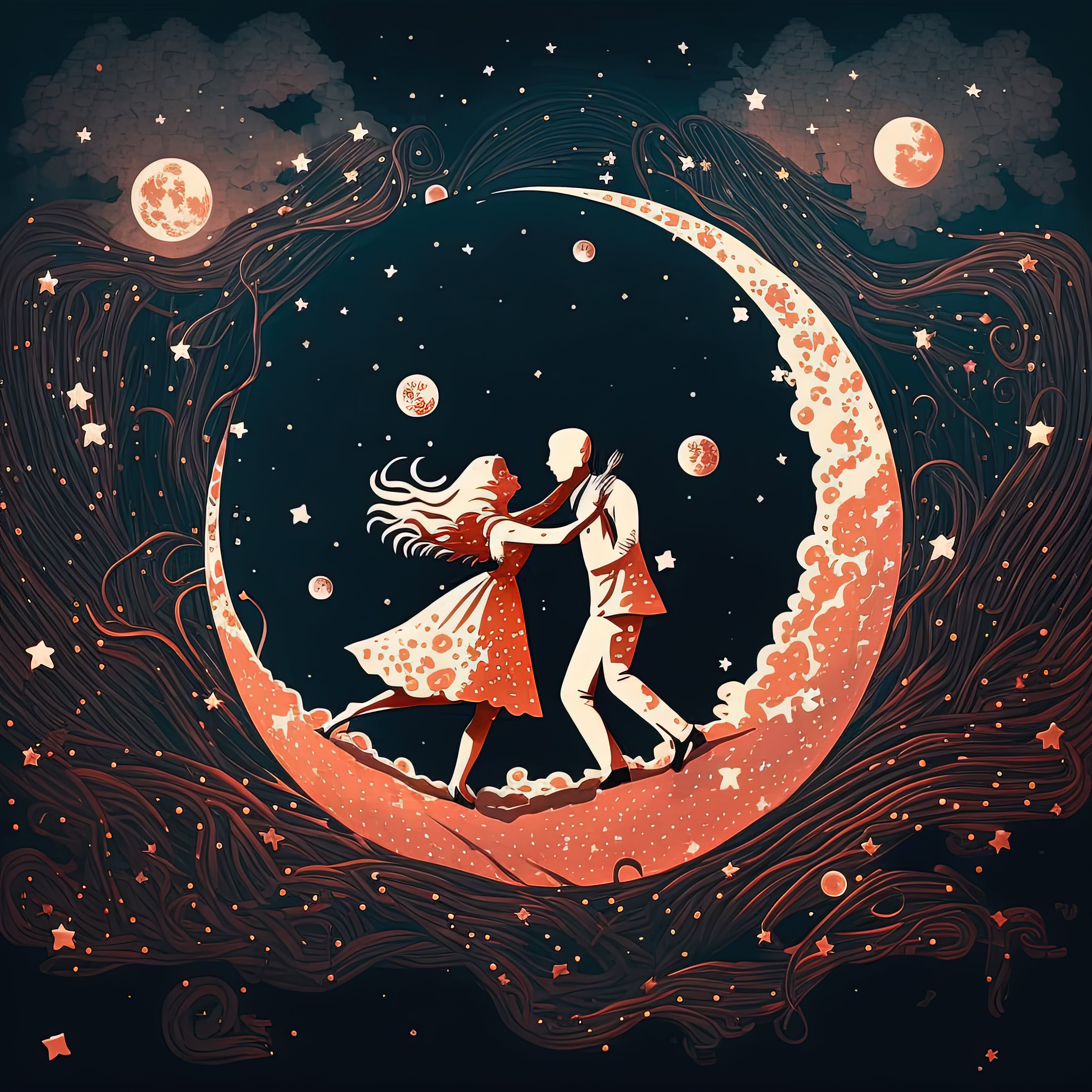 A dreamy illustration of a couple dancing under a full moon and stars