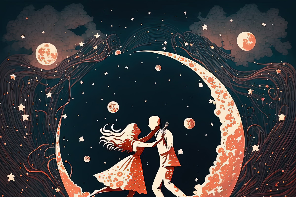 A dreamy illustration of a couple dancing under a full moon and stars