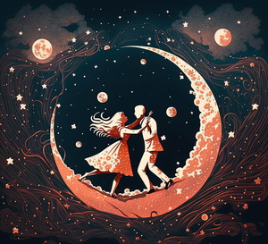 A dreamy illustration of a couple dancing under a full moon and stars