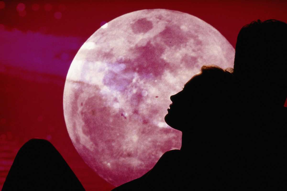 Silhouette of couple, moon in background