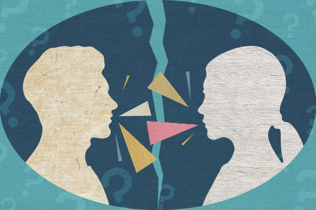 A couple talking to one another with a split between them