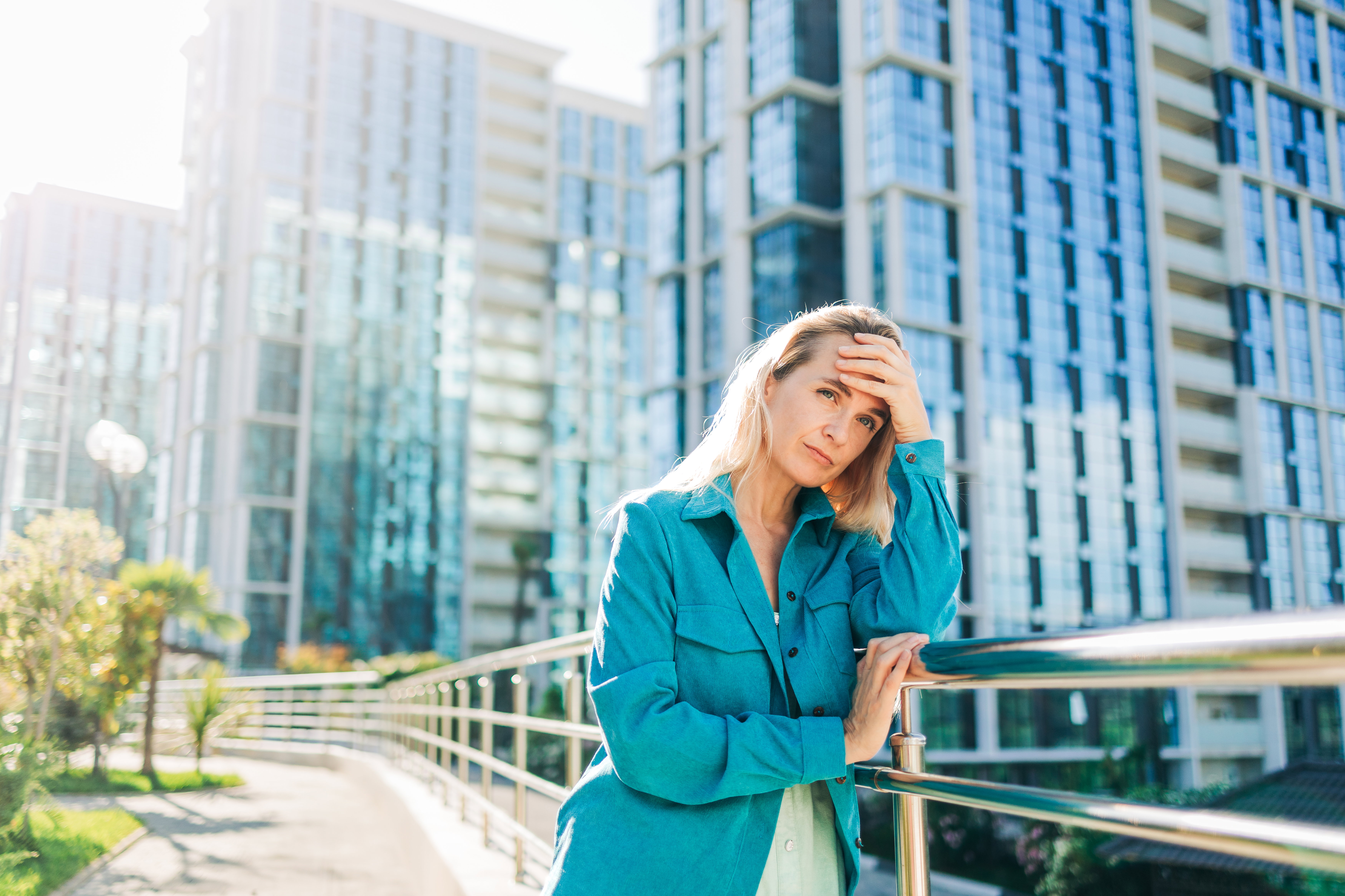 Concerned woman on the street of the city