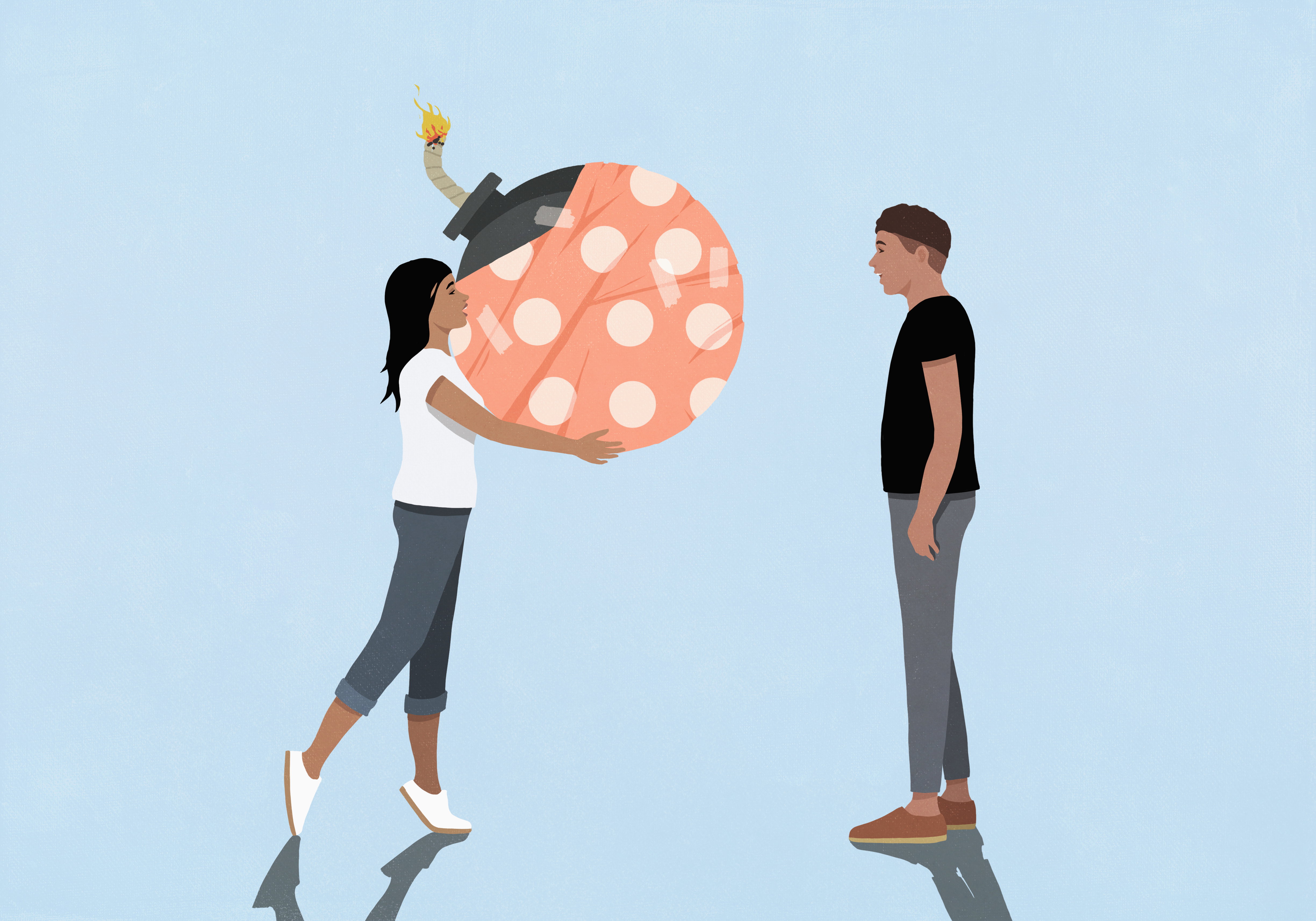 Woman giving wrapped bomb to man on blue background