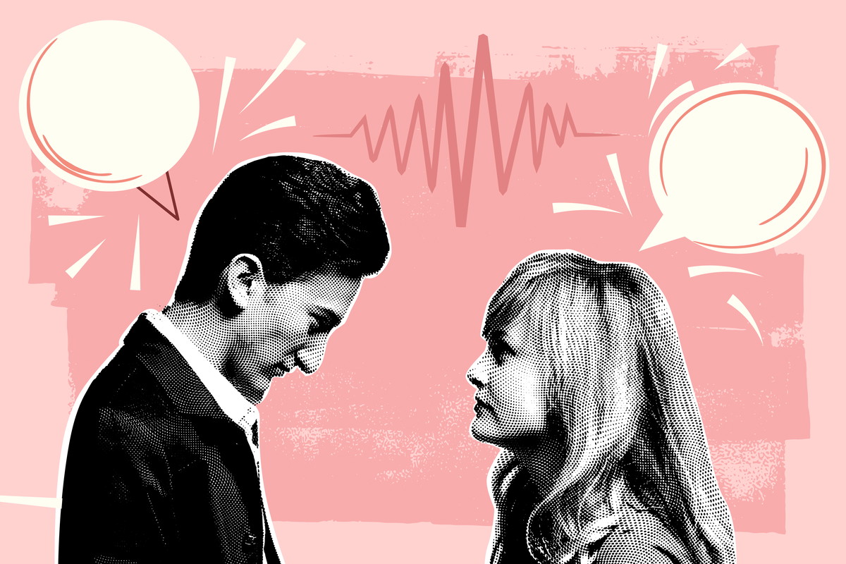 Fun Collage Communication Concept In Bright Colors With A Man And Woman Having A Discussion