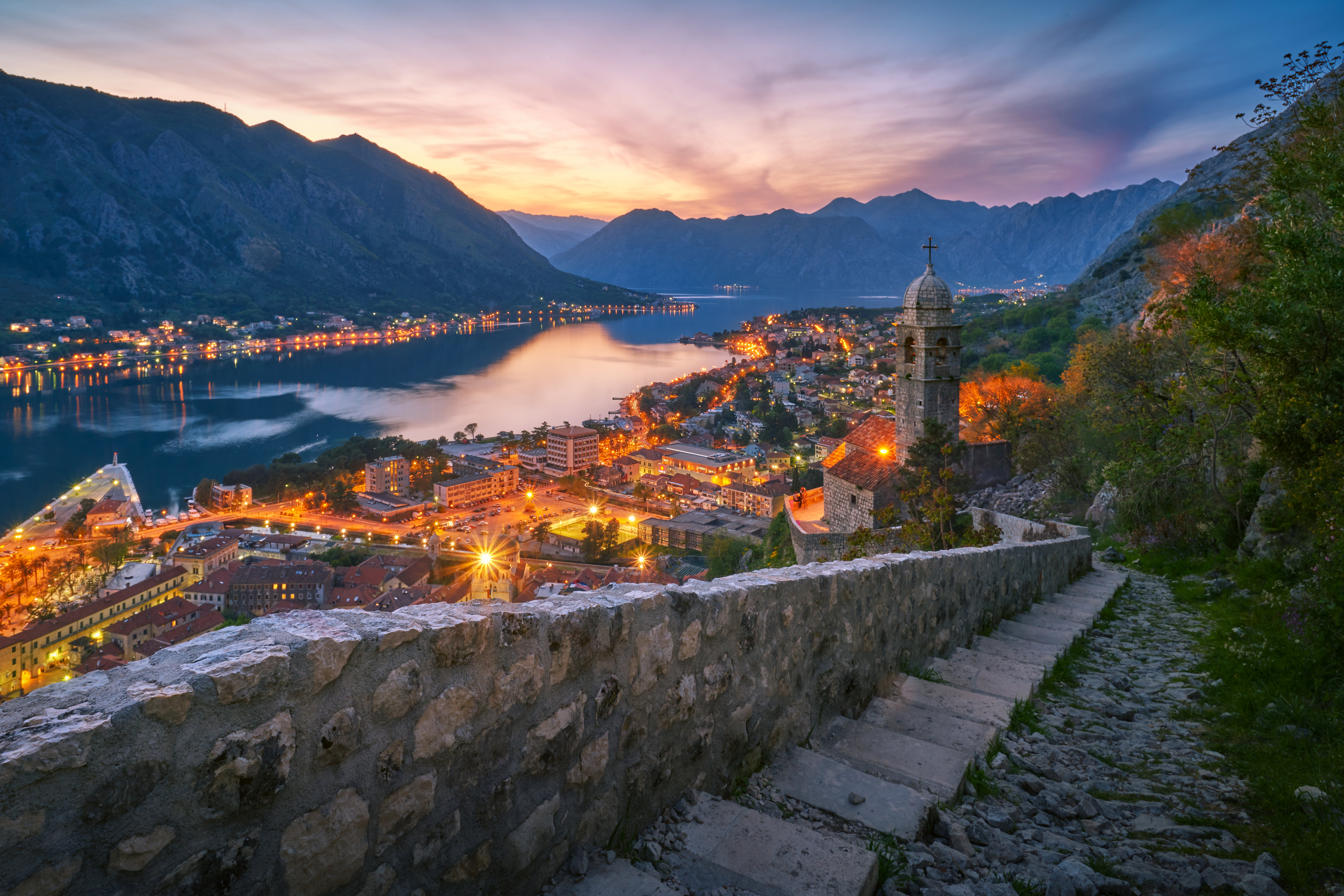 View on the Bay of Kotor. In the foreground Church of Our Lady of Remedy, Montenegro