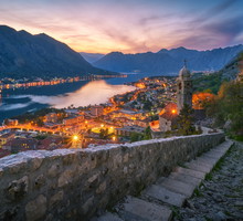 View on the Bay of Kotor. In the foreground Church of Our Lady of Remedy, Montenegro
