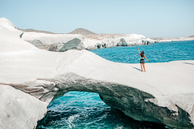 young female tourist exploring SARAKINIKO beach,MILOS,GREECE