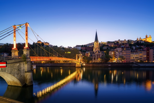 Blue-Hour View of Saint-Georges Footbridge and Lyon Skyline