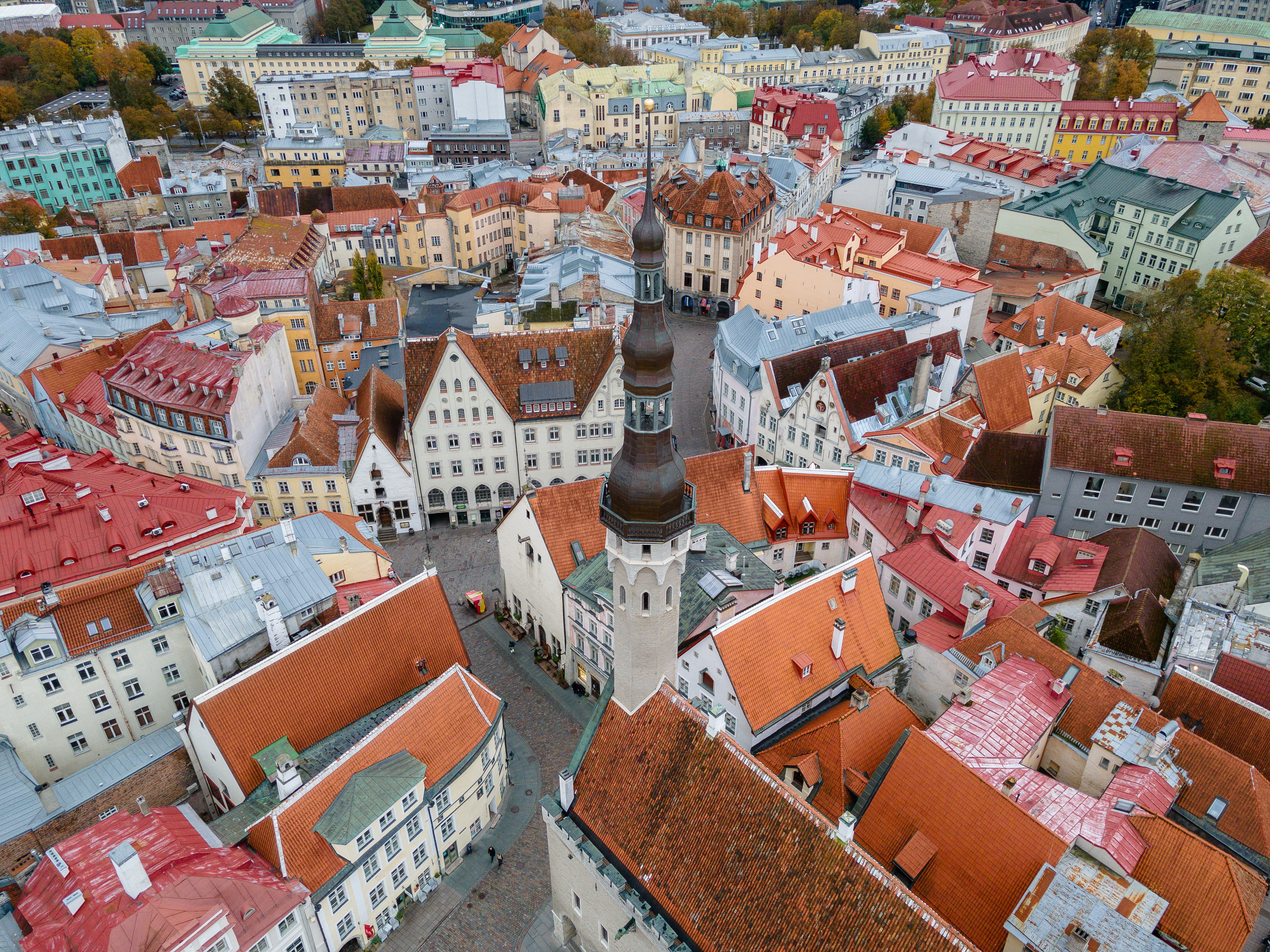 Drone aerial view to Old Town Tallinn
