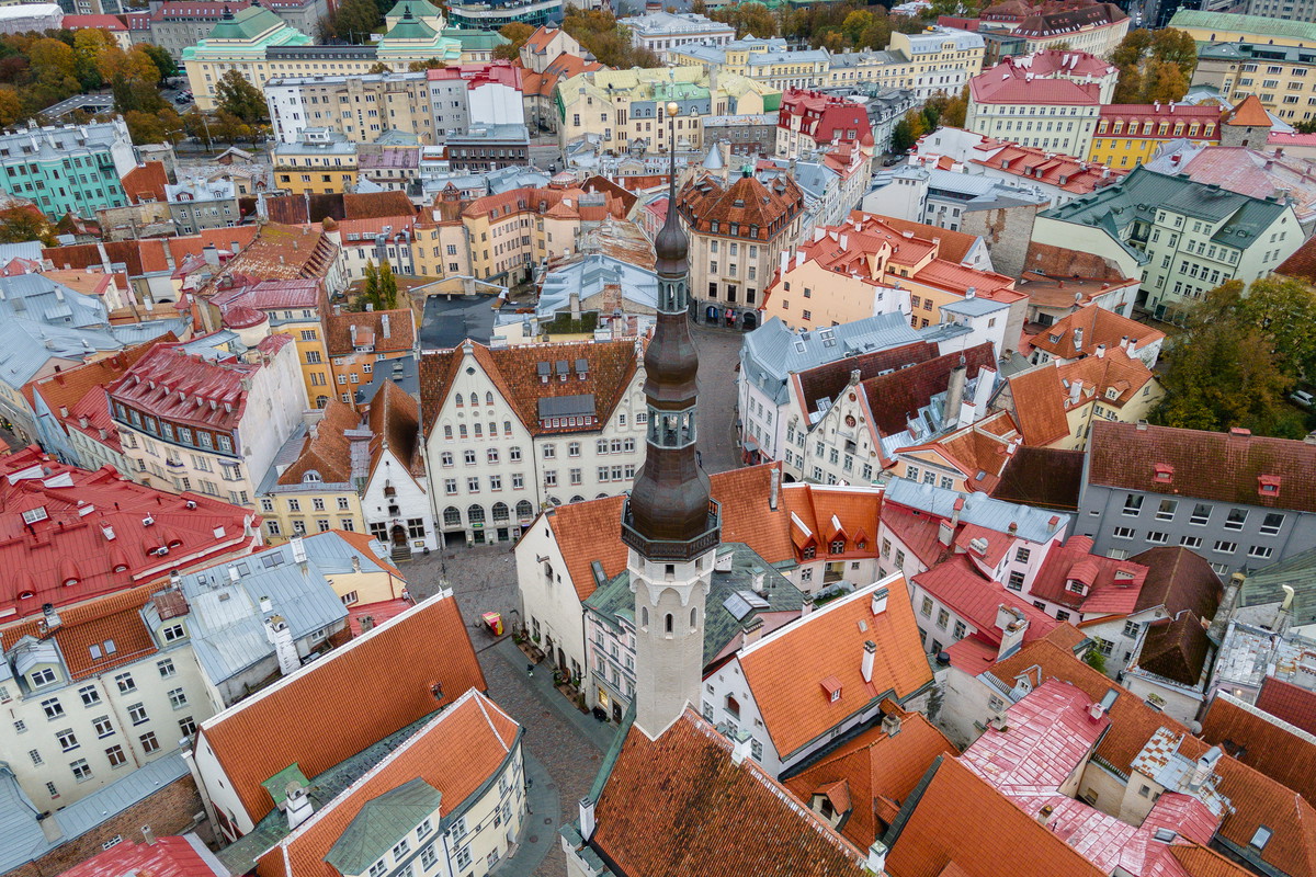 Drone aerial view to Old Town Tallinn