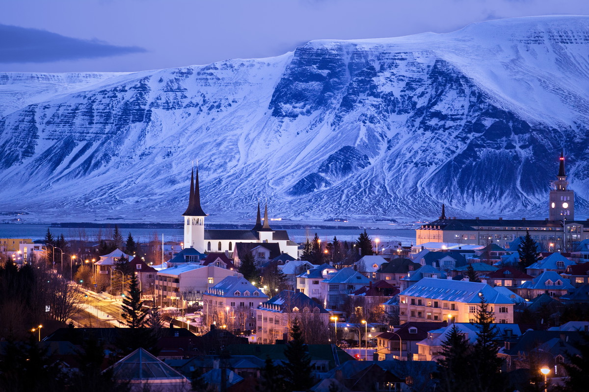 City skyline at dusk, Reykjavik, Iceland