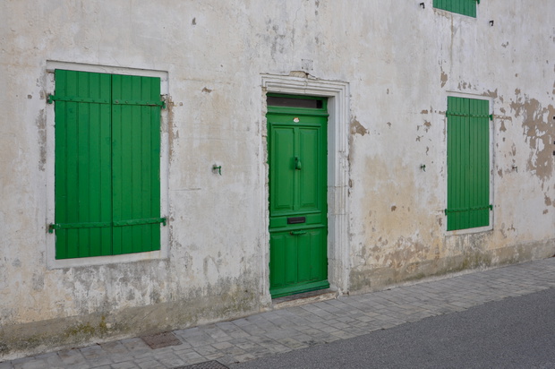 House facade with wooden door and shutter in green color