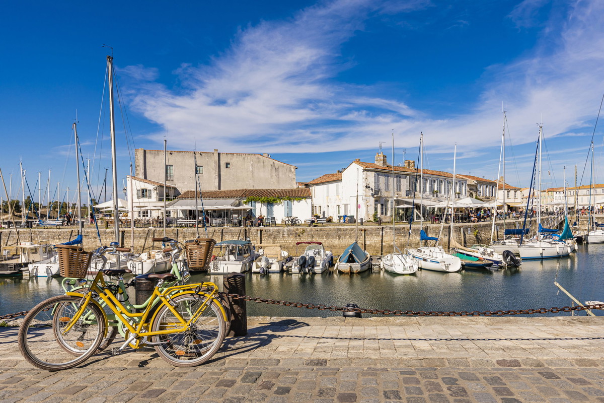 France, Nouvelle-Aquitaine, Saint-Martin-de-Re, Various boats moored in town harbor