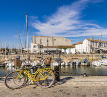 France, Nouvelle-Aquitaine, Saint-Martin-de-Re, Various boats moored in town harbor