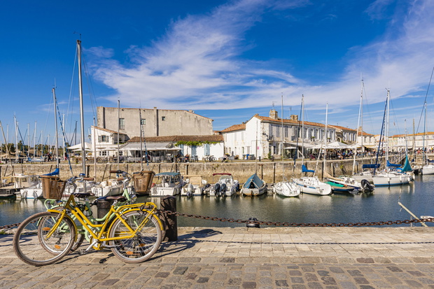 France, Nouvelle-Aquitaine, Saint-Martin-de-Re, Various boats moored in town harbor
